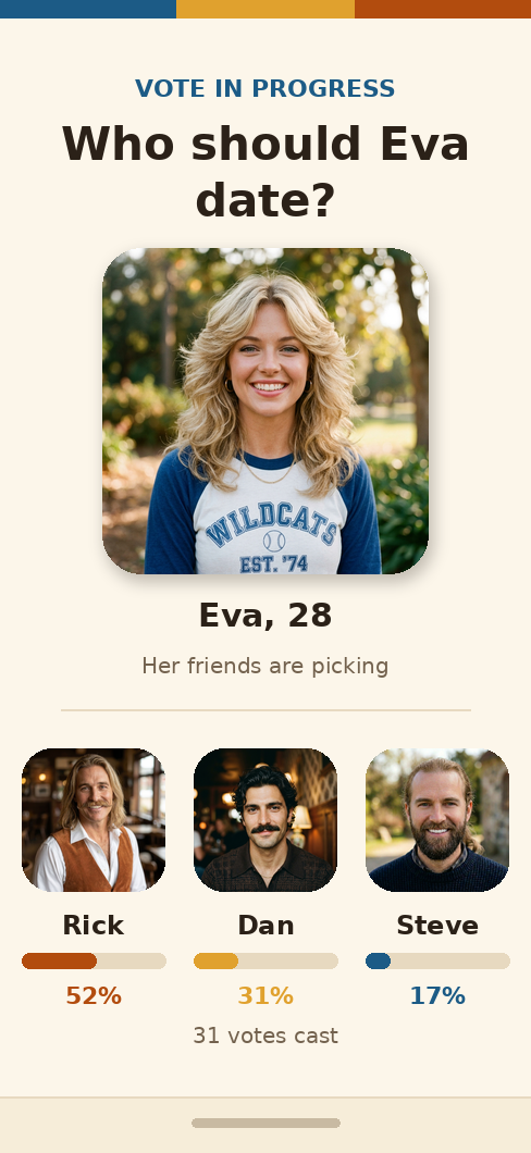 A PickMyMate vote in progress: three men, and Eva's friends picking who she should date.