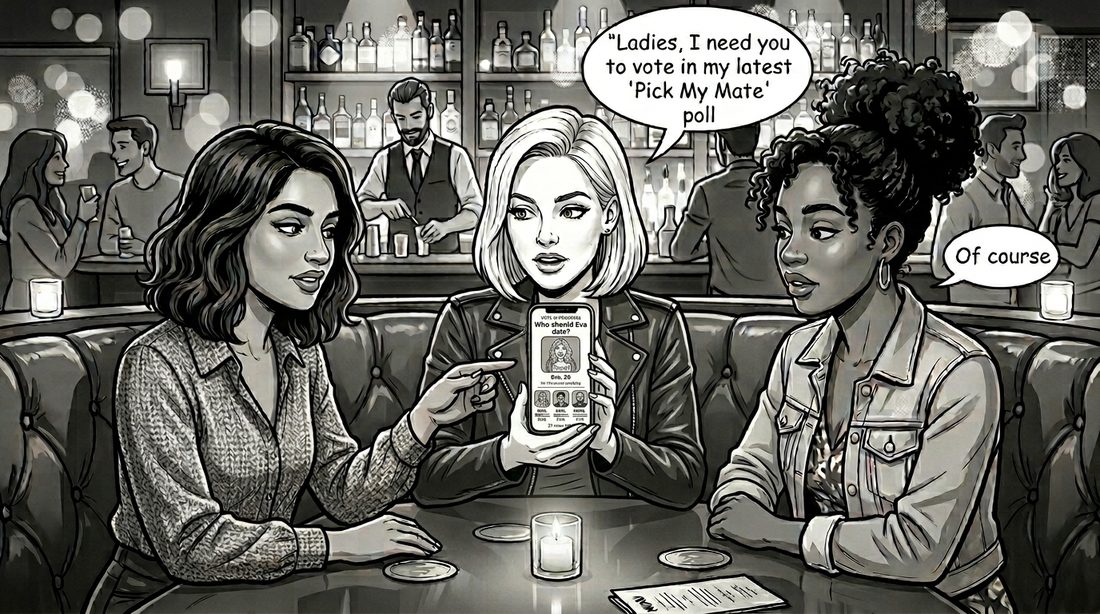 Panel 1. Three women in a bar booth. One holds up her phone:
                  'Ladies, I need you to vote in my latest Pick My Mate poll.'
                  Her friend replies, 'Of course.'