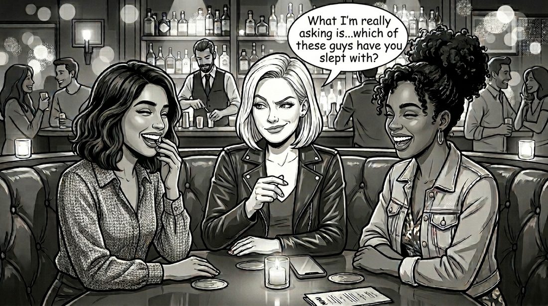 Panel 2. She leans in: 'What I'm really asking is… which of
                  these guys have you slept with?'