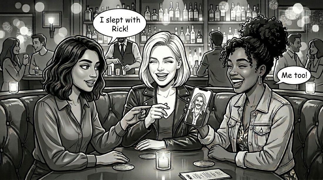 Panel 3. The first friend says 'I slept with Rick!' The
                  second adds, 'Me too!'